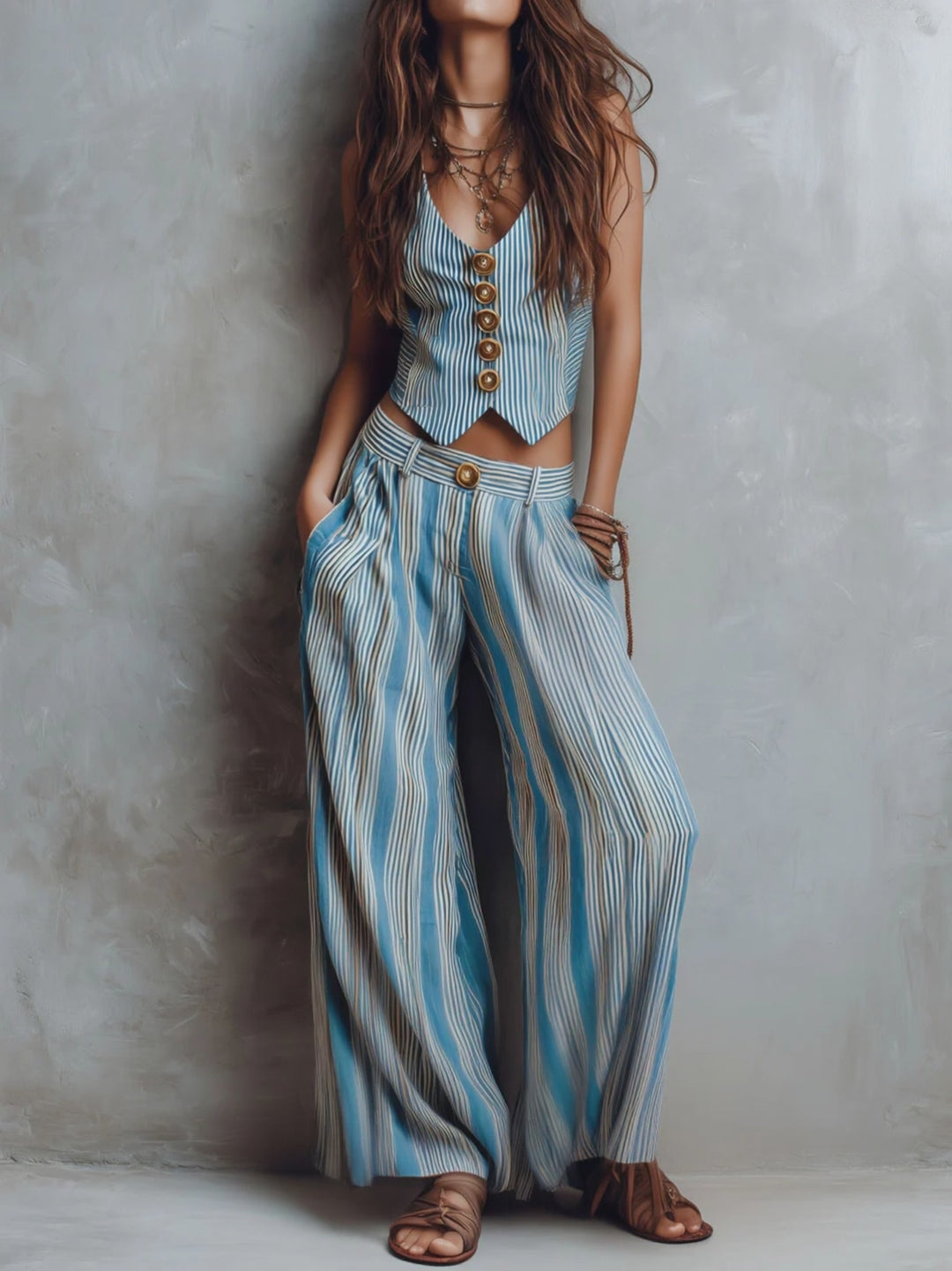 Boho Blue Striped Vest & Wide-Leg Pant Set