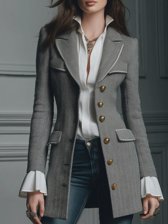 Classic Grey Houndstooth Wool Long Coat