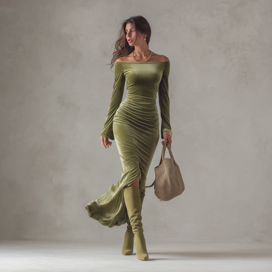 Vintage Off-Shoulder Velvet Ruched Maxi Dress with Slit