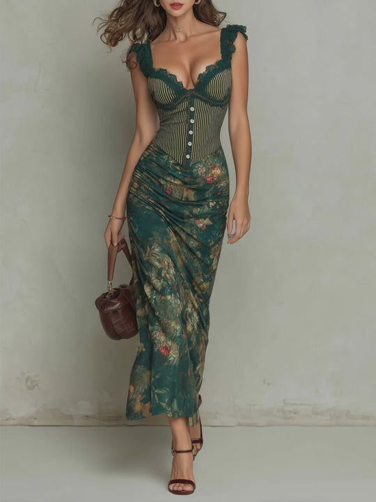 Vintage Lace Trim Striped Flower Print Maxi Dress