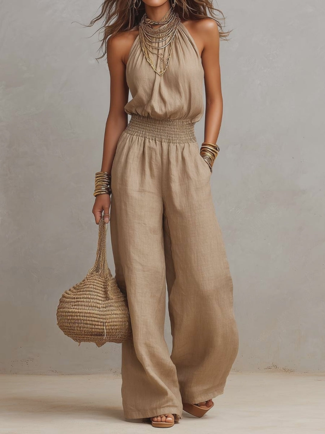 Tan Cotton Linen Halter Neck Smocked Waist Wide Leg Jumpsuit