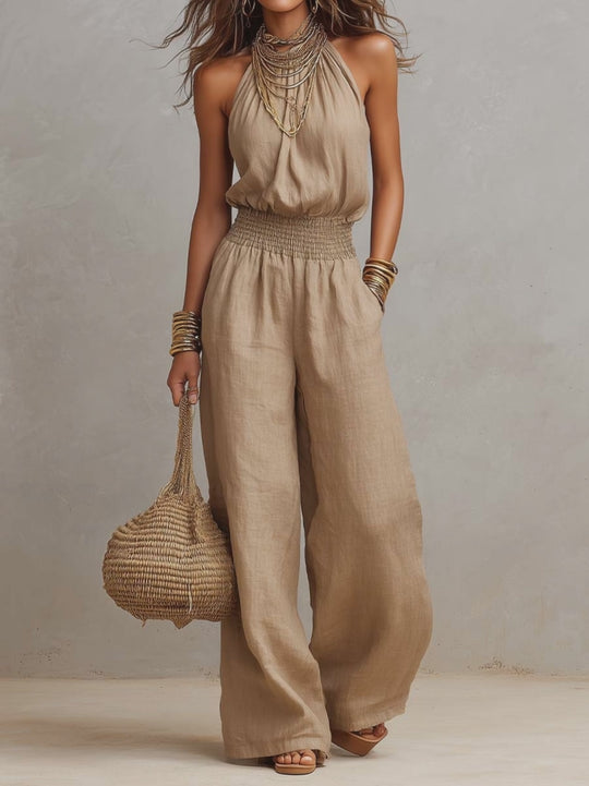 Tan Cotton Linen Halter Neck Smocked Waist Wide Leg Jumpsuit