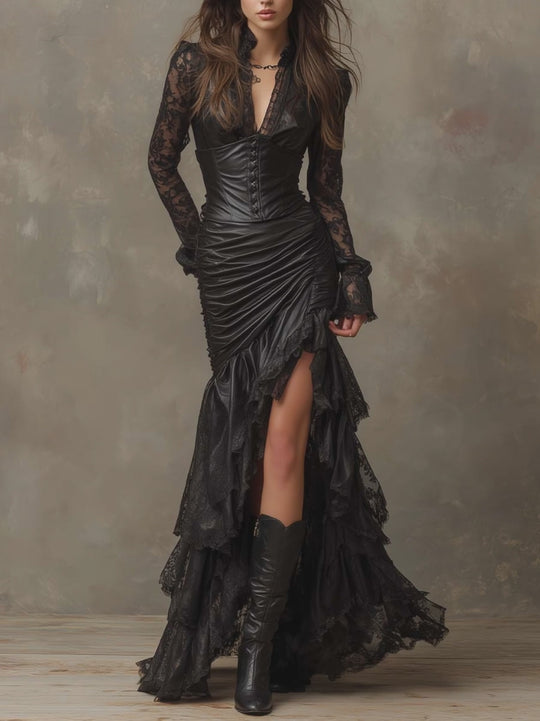 Black Faux Leather Corset Maxi Dress With Lace Sleeves