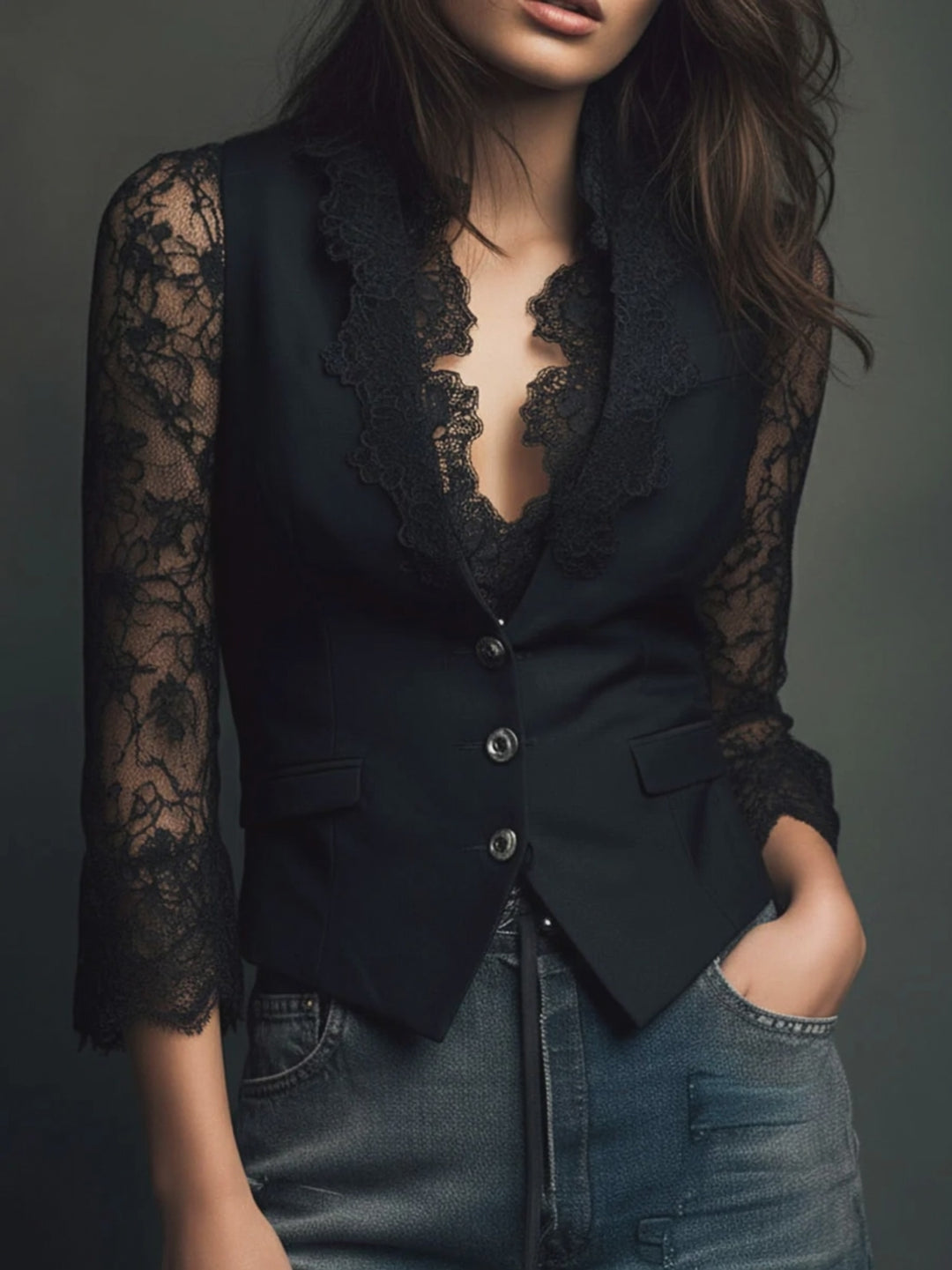 Elegant Black Lace Panel Sleeve Blazer Top Vest