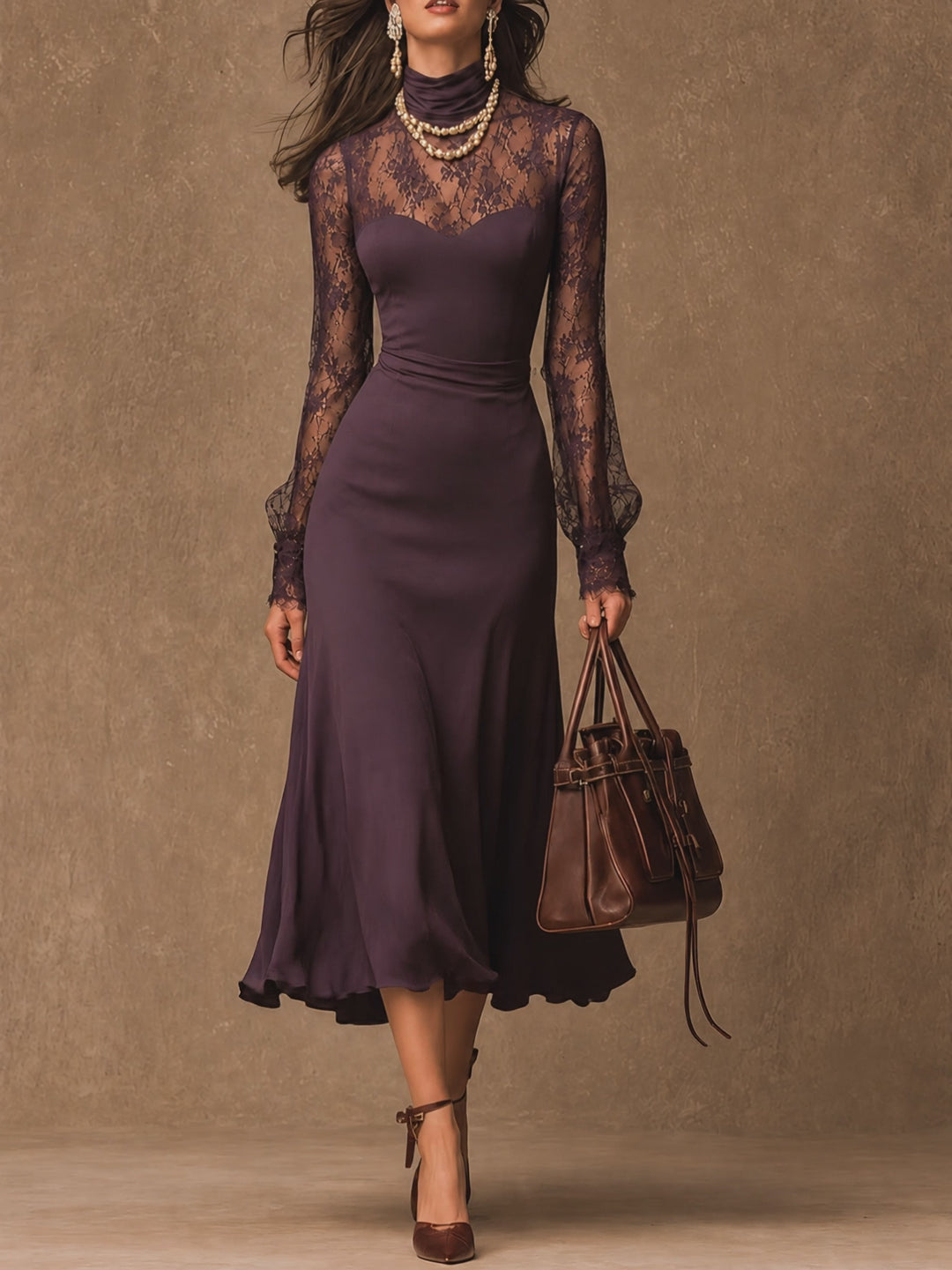 Elegant Matte satin Lace Long Sleeve Bodycon Midi Dress