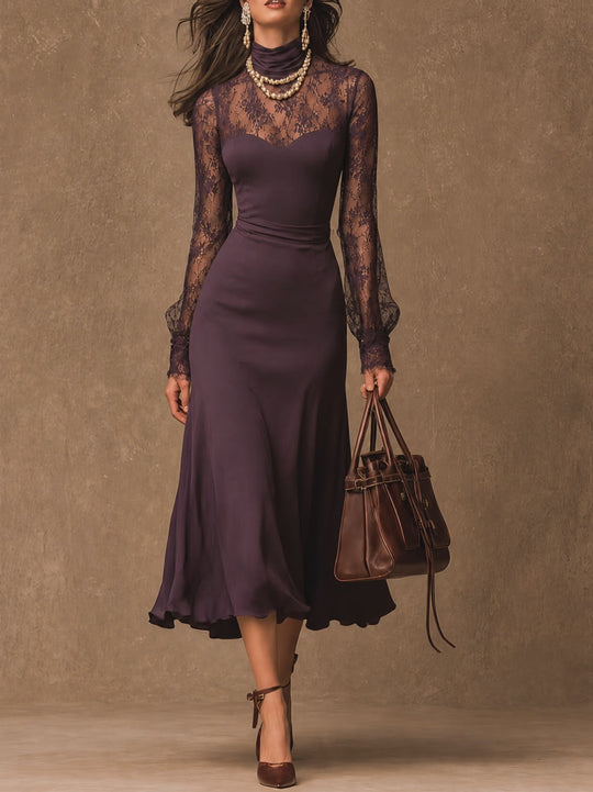 Elegant Matte satin Lace Long Sleeve Bodycon Midi Dress
