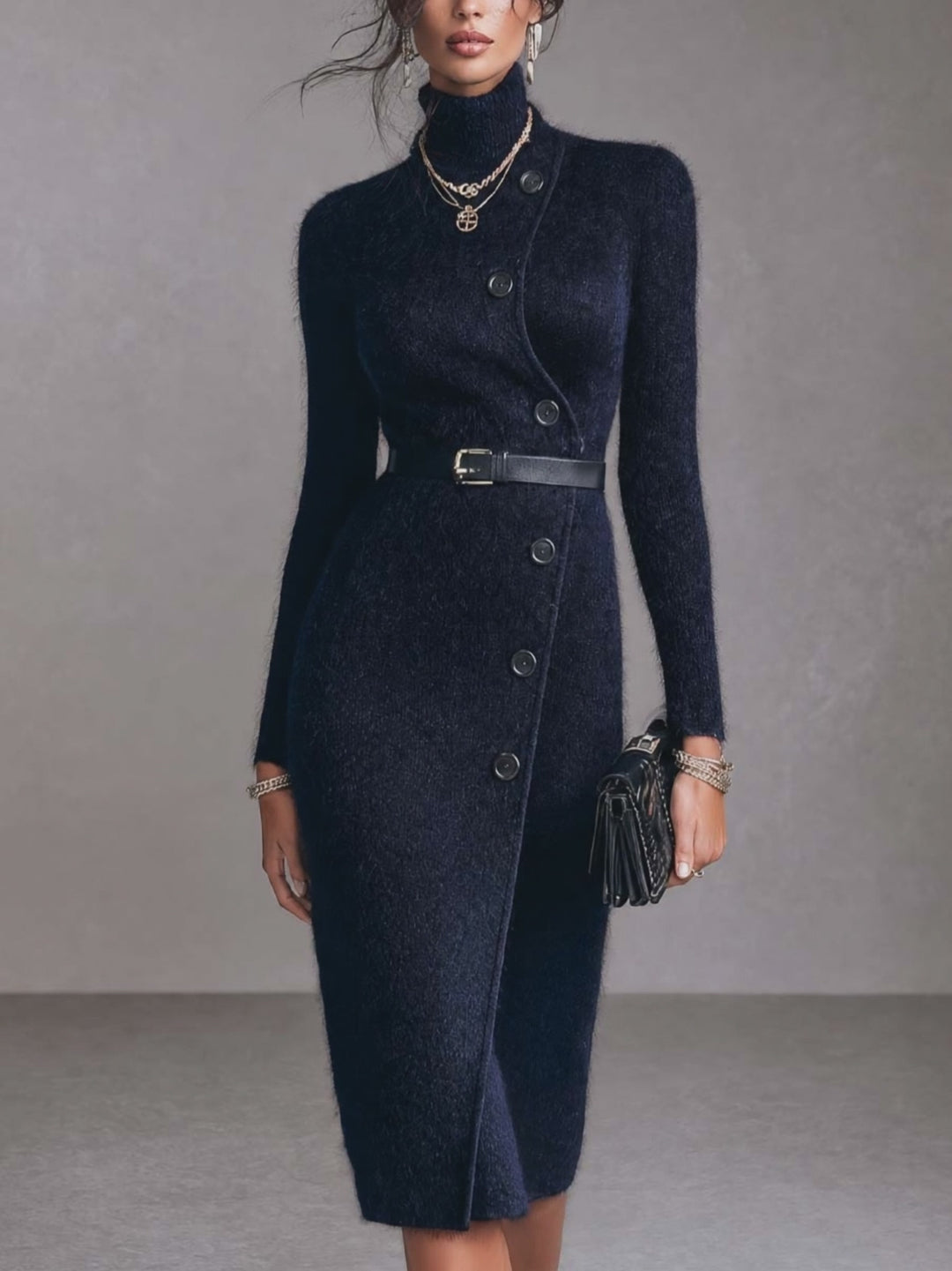 Vintage Fuzzy Knit Turtleneck Button-Up Sweater Dress with Belt