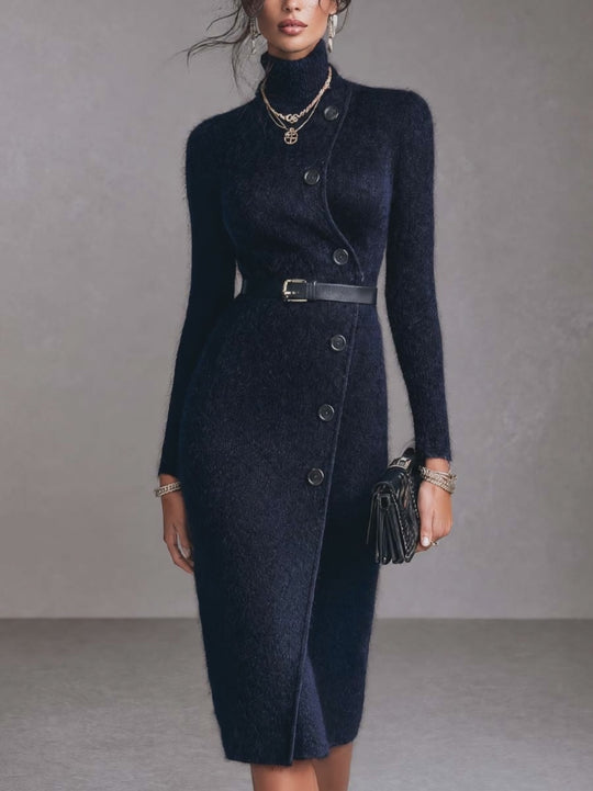 Vintage Fuzzy Knit Turtleneck Button-Up Sweater Dress with Belt