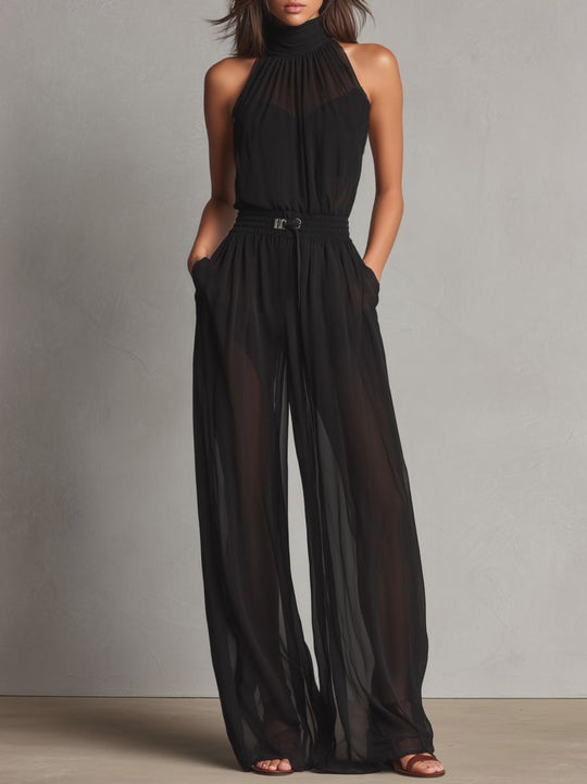Elegant High Neck Black Sheer Halter Wide-Leg Jumpsuit