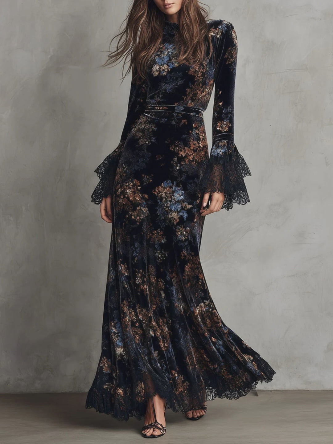 Midnight Floral Velvet Flowing Gown With Lace-Trim Bell Sleeves