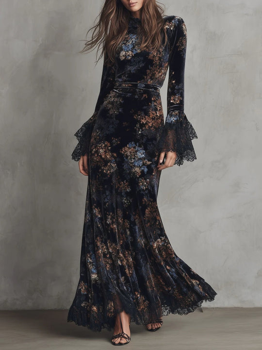 Midnight Floral Velvet Flowing Gown With Lace-Trim Bell Sleeves
