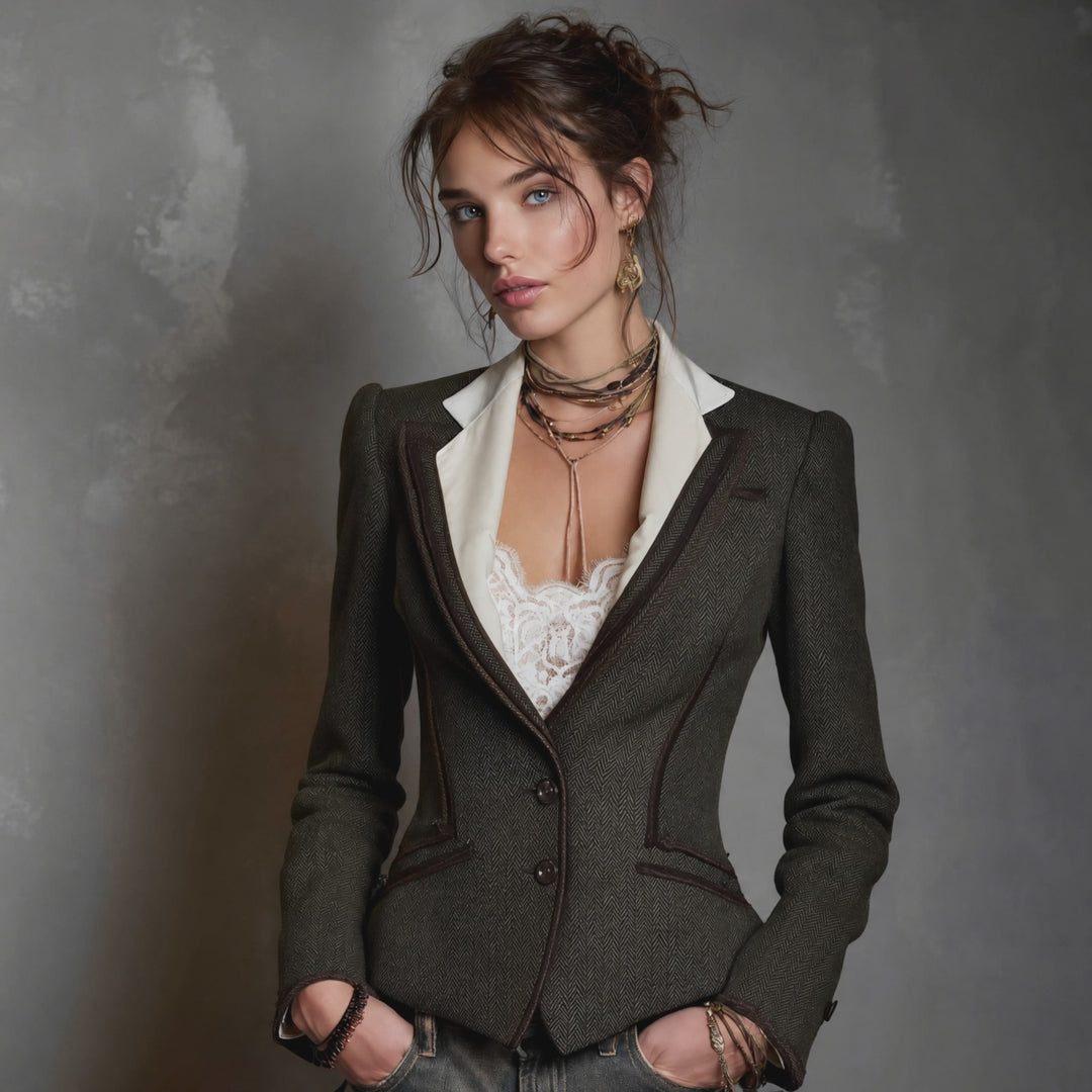 Vintage Tailored Herringbone Blazer with Contrast Lapels