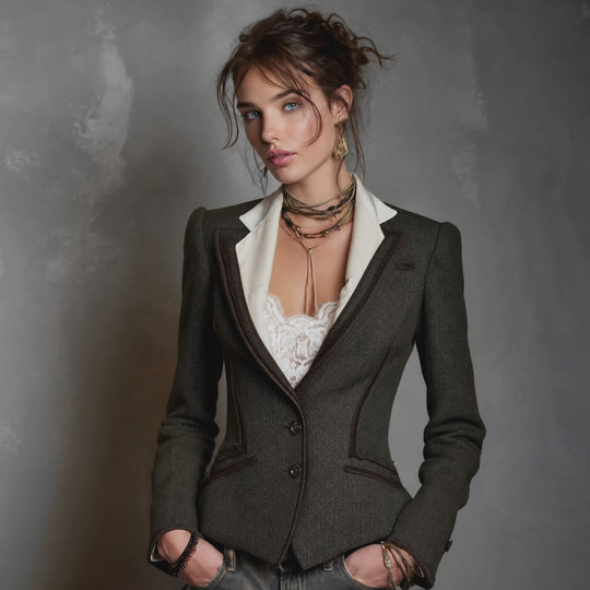 Vintage Tailored Herringbone Blazer with Contrast Lapels