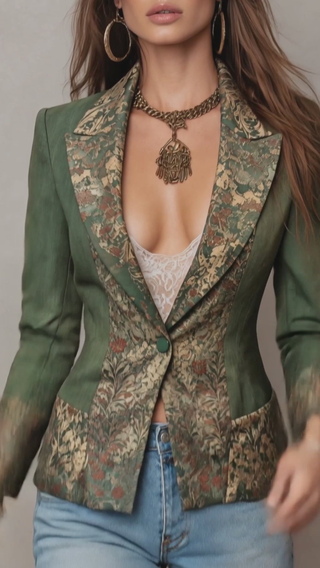 Vintage Floral Tapestry Contrast Lapel Cuff Single Button Fitted Olive Green Blazer