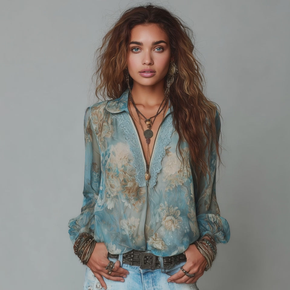 Vintage Floral Print Chiffon Lace Trim V-Neck Long Sleeve Blouse