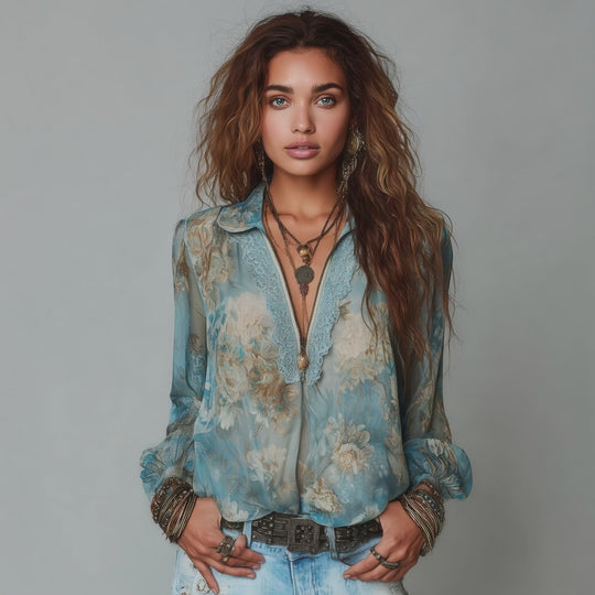 Vintage Floral Print Chiffon Lace Trim V-Neck Long Sleeve Blouse