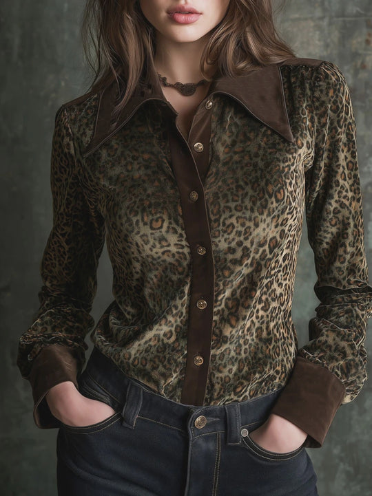 Retro Contrast Collar And Cuffs Velvet Leopard Print Blouse