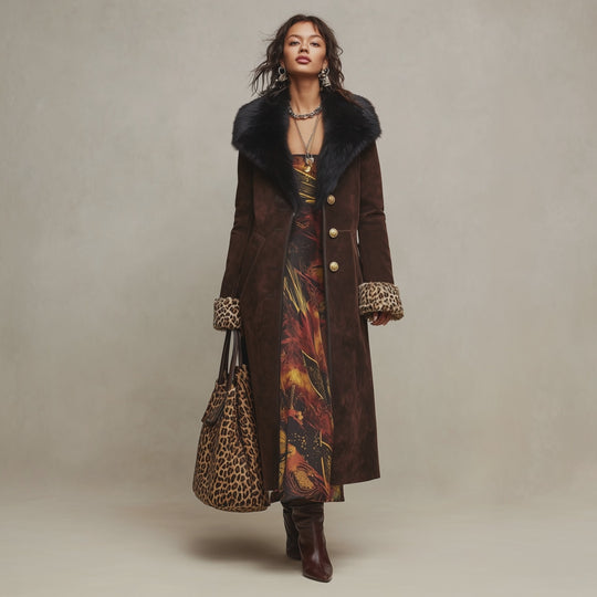 Faux Suede Longline Coat with Faux Fur Collar & Leopard Cuffs