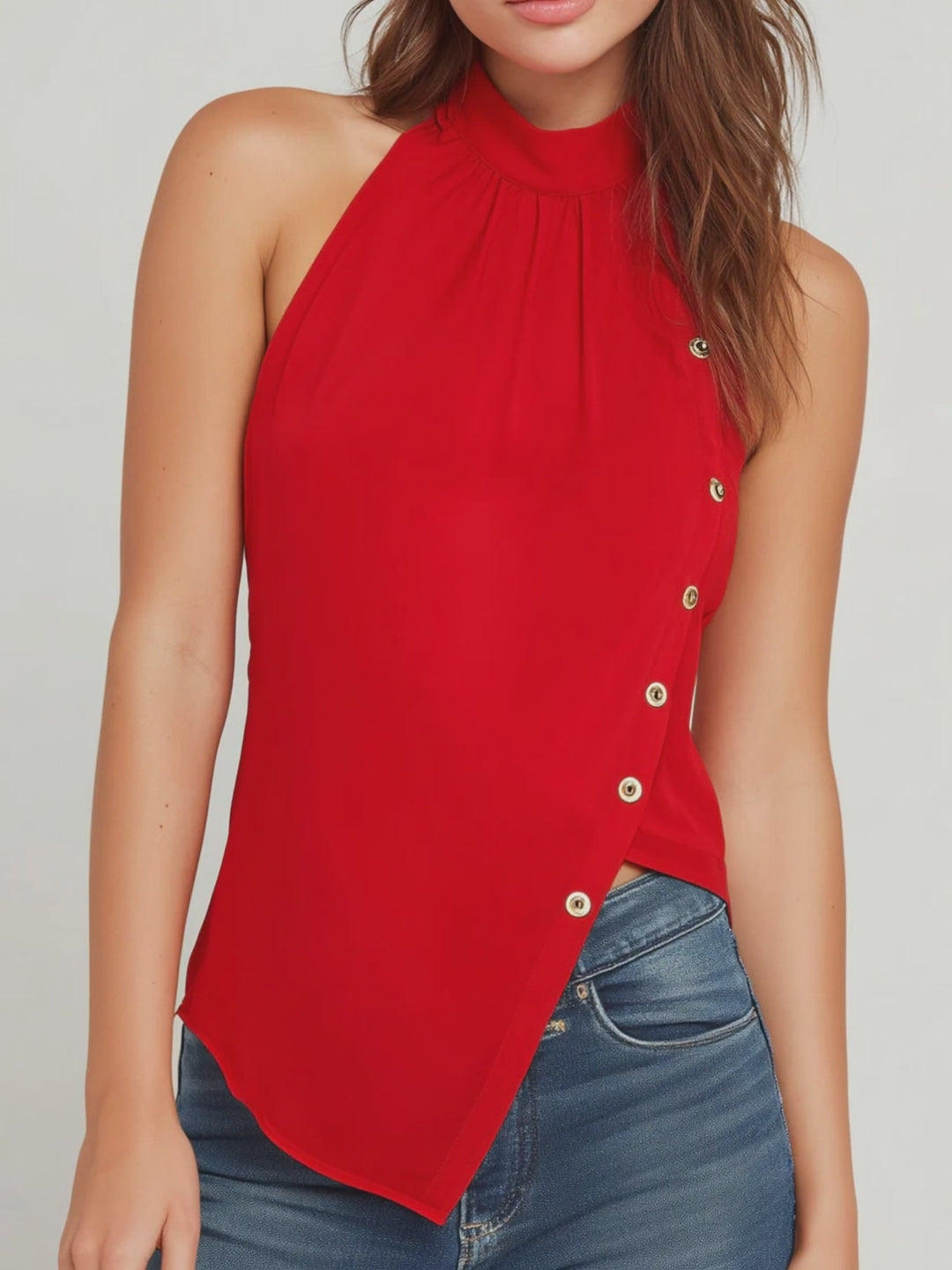 Chic Red Halter Neck Asymmetrical Sleeveless Top