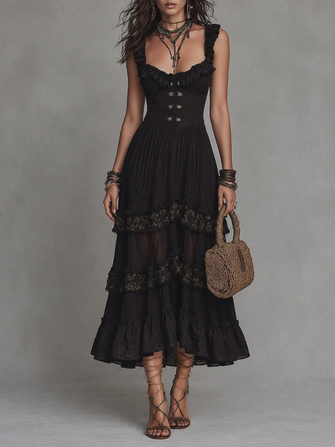 Vintage Chiffon Crinkle A-Line Midi Dress With Lace Trim