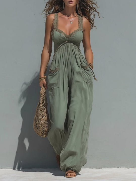 Boho Lace-Trimmed Wide-Leg Jumpsuit With Patch Pockets