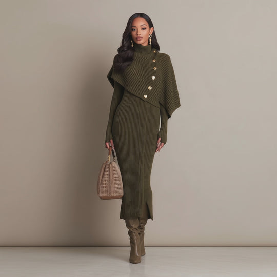 Asymmetric Button Turtleneck Cape Sleeve Ribbed Knit Sweater Midi Dress