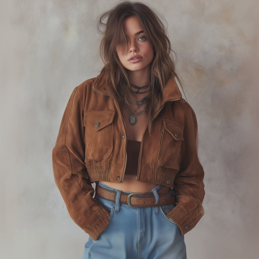 Women's Snap Pockets Cropped Polyester Suede Jacket