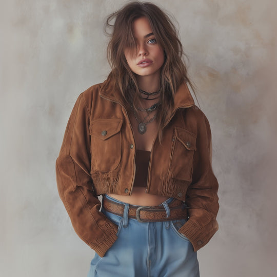 Women's Snap Pockets Cropped Polyester Suede Jacket