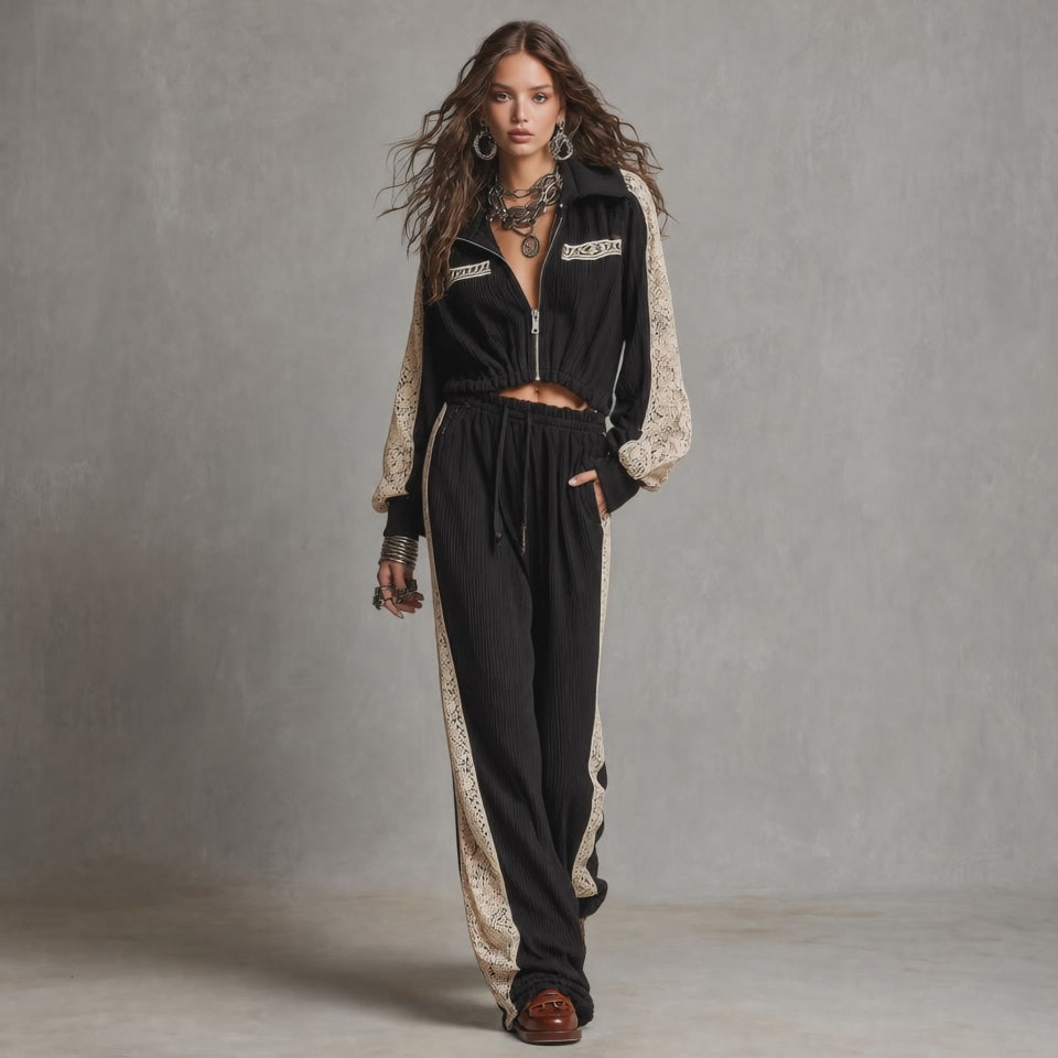 Zip Up Collar Cropped Ribbed Jacket With Lace Patch Sleeve & Drawstring Waist Ribbed Wide Leg Pants Two Piece Set