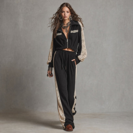 Zip Up Collar Cropped Ribbed Jacket With Lace Patch Sleeve & Drawstring Waist Ribbed Wide Leg Pants Two Piece Set