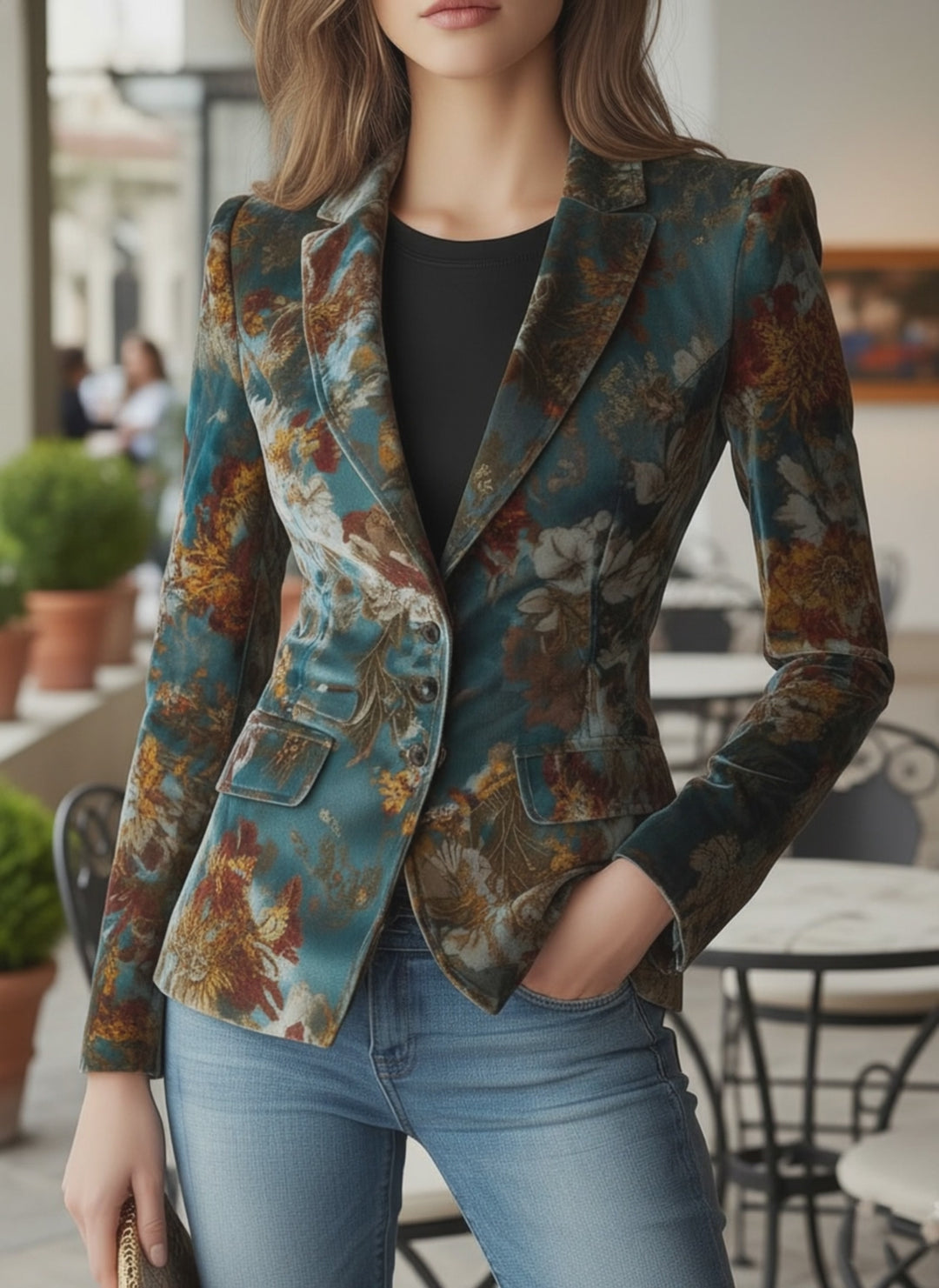 Vintage Teal Floral Velvet Tailored Blazer
