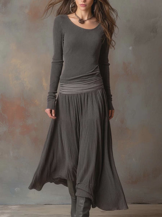 Vintage Ribbed Knit Maxi Dress In Charcoal Gray