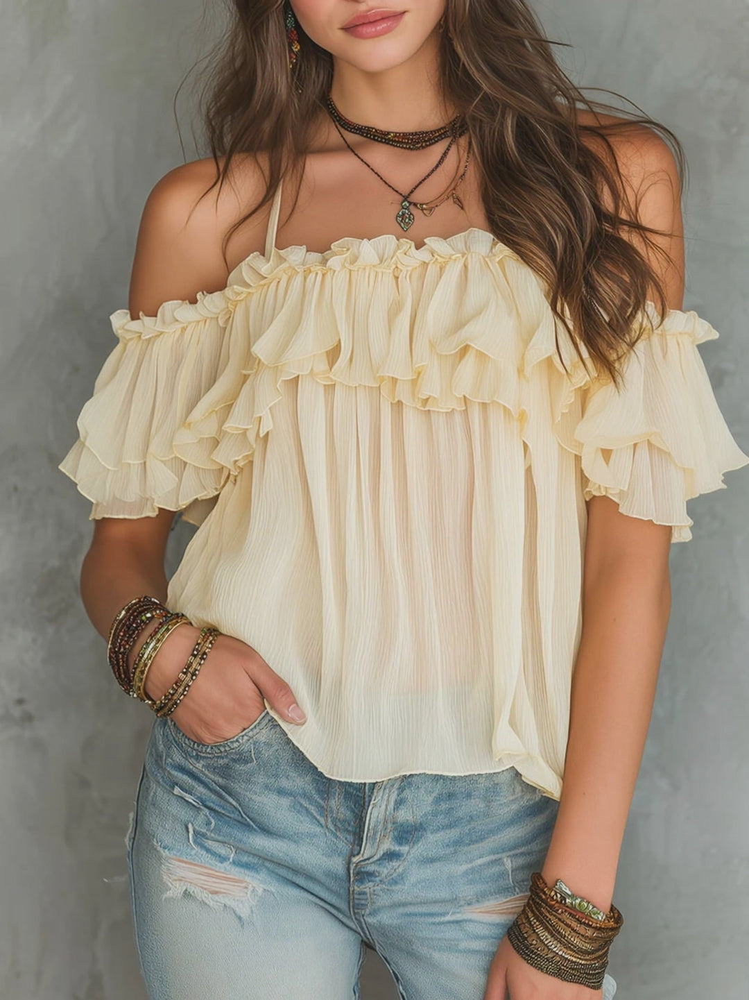 Boho Soft Yellow Cold-Shoulder Ruffled Chiffon Blouse