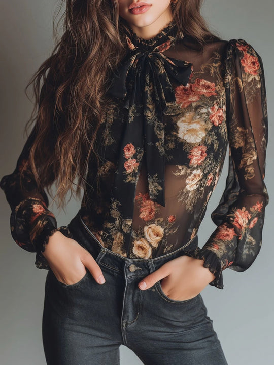 Vintage Black Sheer Chiffon Floral Tie Neck Blouse