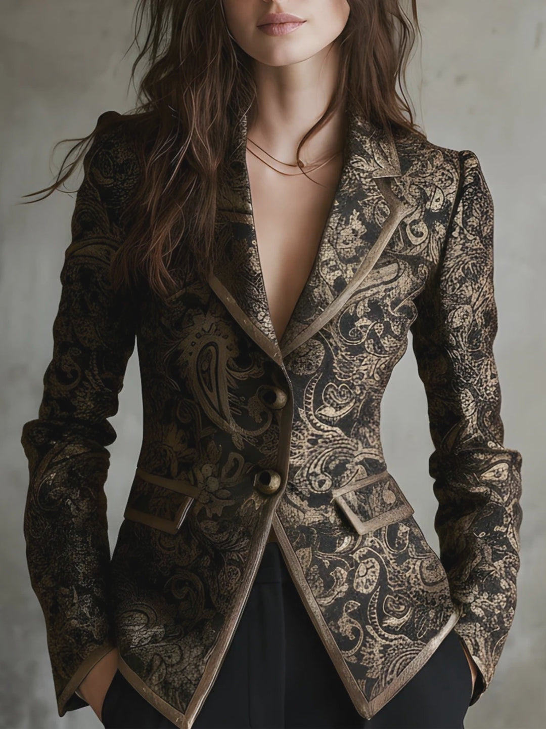 Quiet Luxury Paisley Jacquard Wrapped Lapels Fitted Blazer
