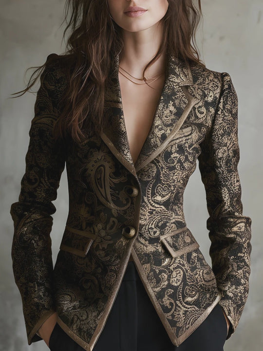 Quiet Luxury Paisley Jacquard Wrapped Lapels Fitted Blazer