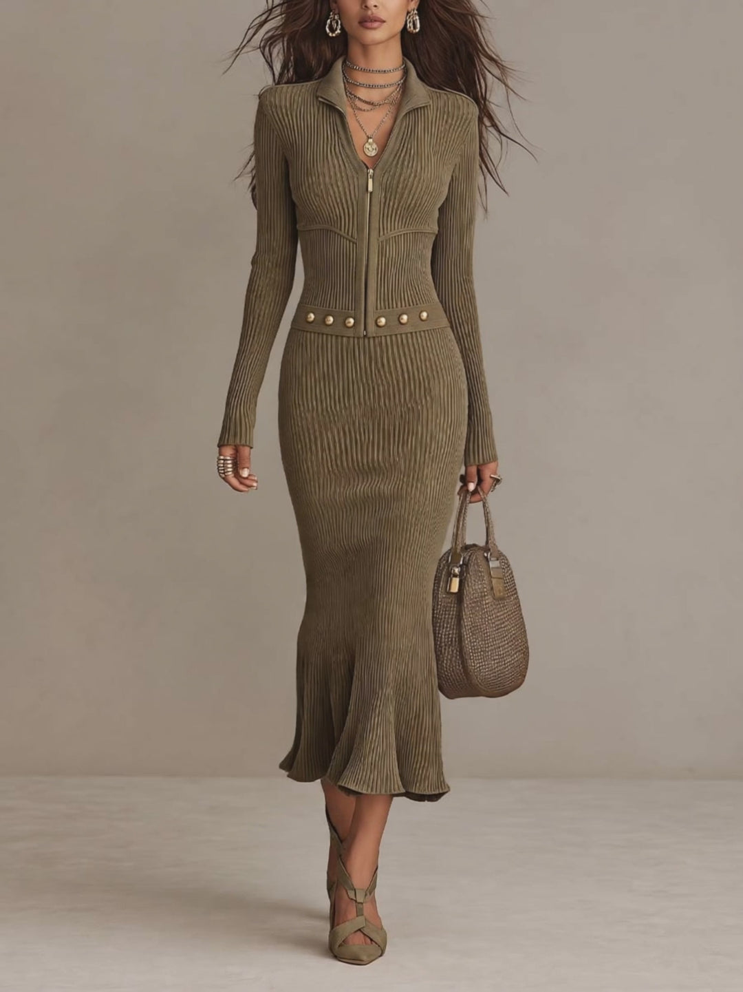 Elegant Ribbed Knit Zip-Up Fishtail Midi Dress with Stud Belt Detail