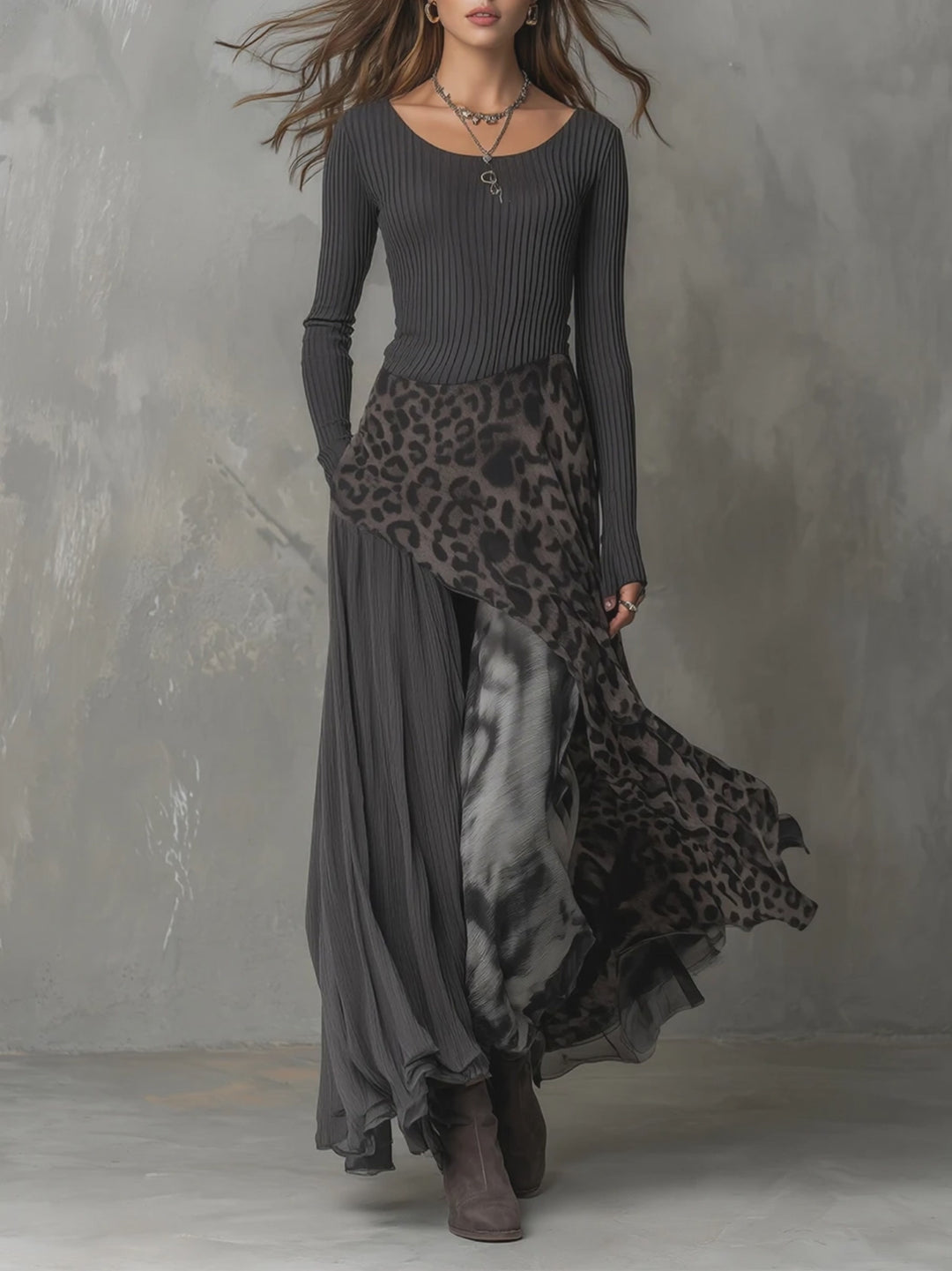 Bohemian Pit Stripe Leopard Print Splicing Irregular Hem Maxi Dress