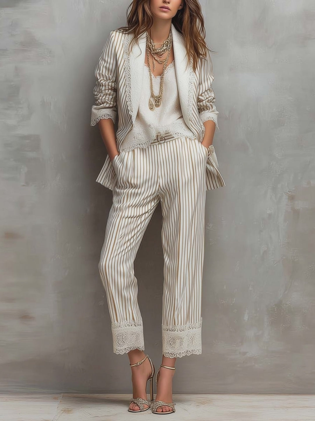 Vintage Striped Lace Cropped Trousers