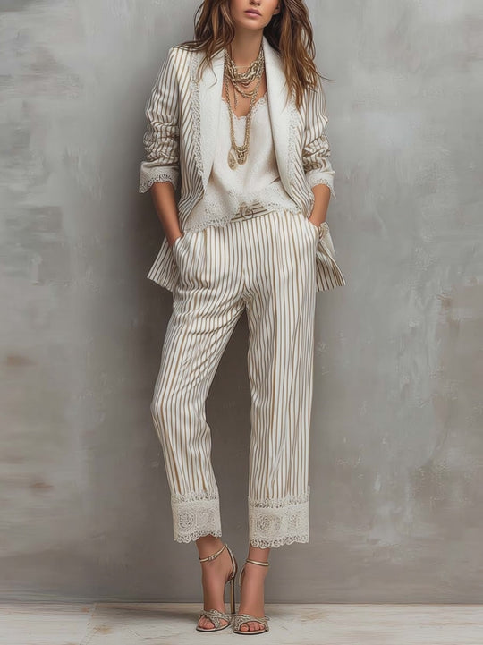 Vintage Striped Lace Cropped Trousers