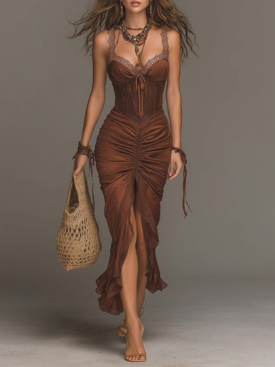 Bohemian Lace Trim Corset Ruched Midi Dress