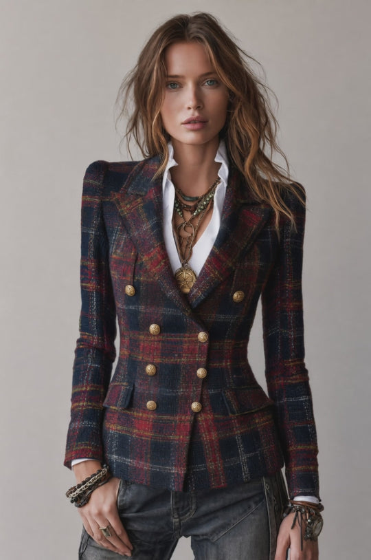 Retro Plaid Double-Breasted Tweed Blazer with Gold Buttons