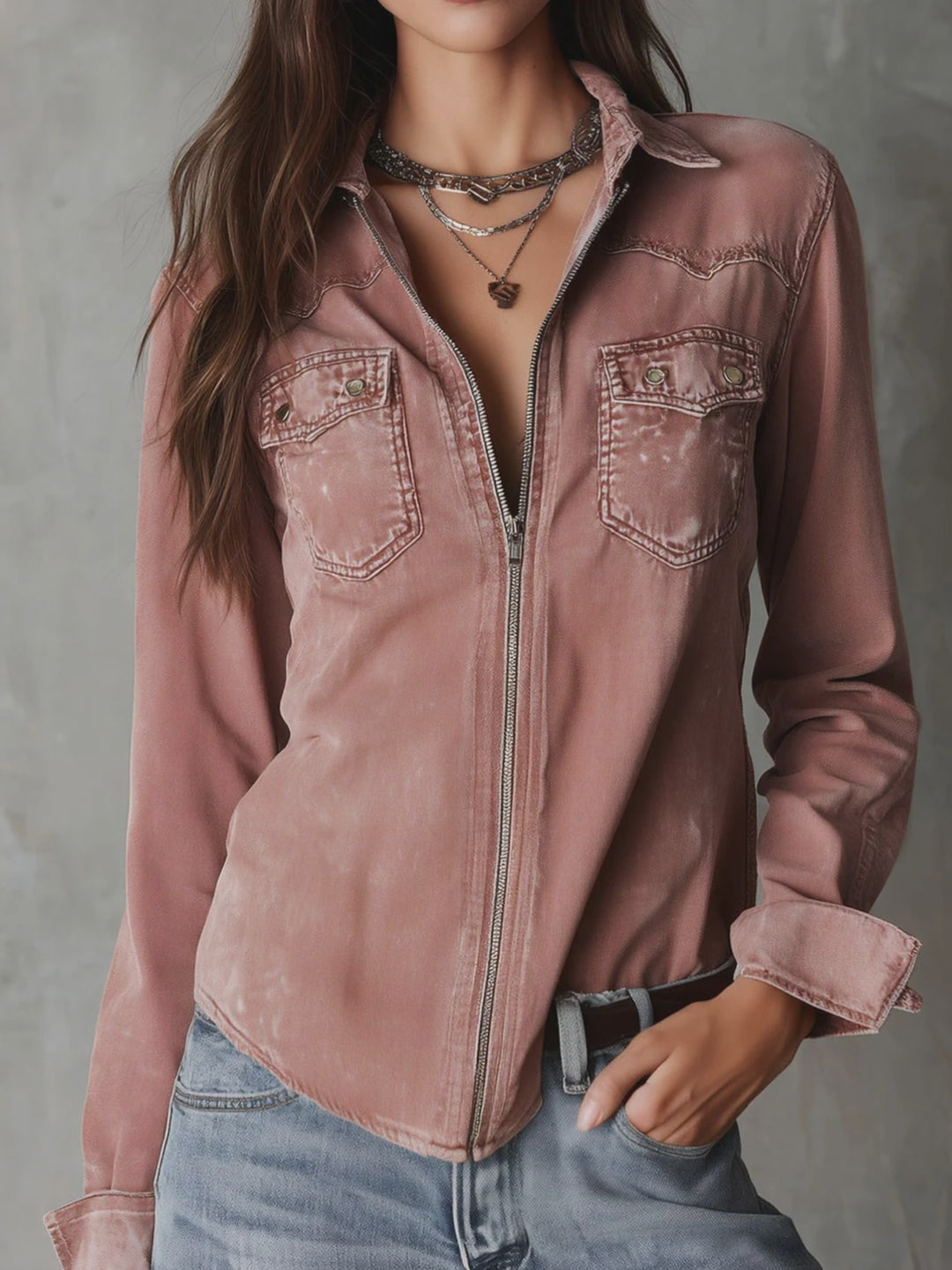 Western Soft Faded Dusty Rose Washed Denim Zip Shirt