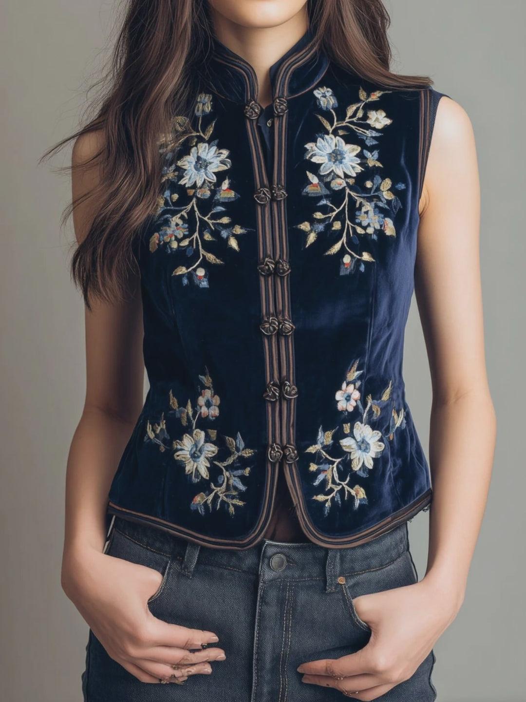Boho Mandarin Collar Navy Velvet Embroidered Vest