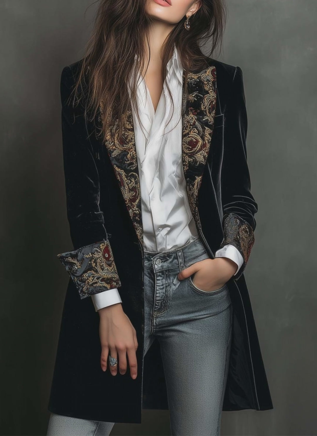 Black Velvet Blazer With Baroque Printed Lapel – Timeless Vintage Luxury