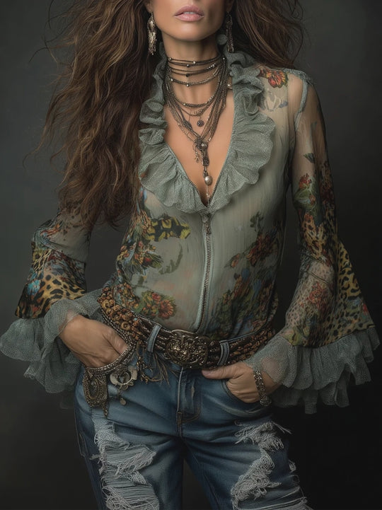 Bohemian Leopard Print Floral Print Chiffon Bell Sleeves Blouse