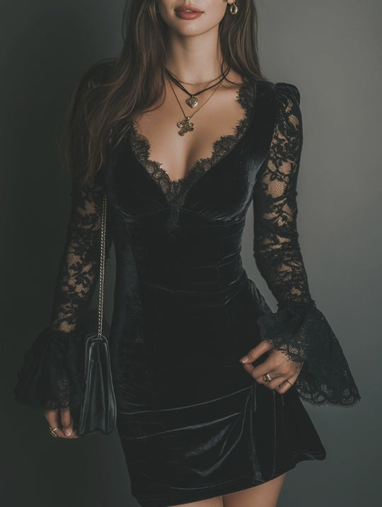 Romance Midnight Velvet Lace Bell-Sleeve Mini Dress