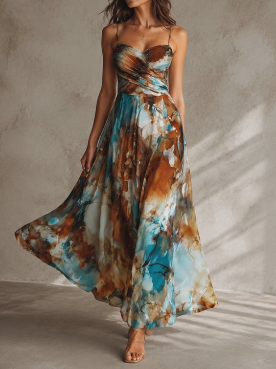 Boho Watercolor Print Chiffon Spaghetti Strap Maxi Dress
