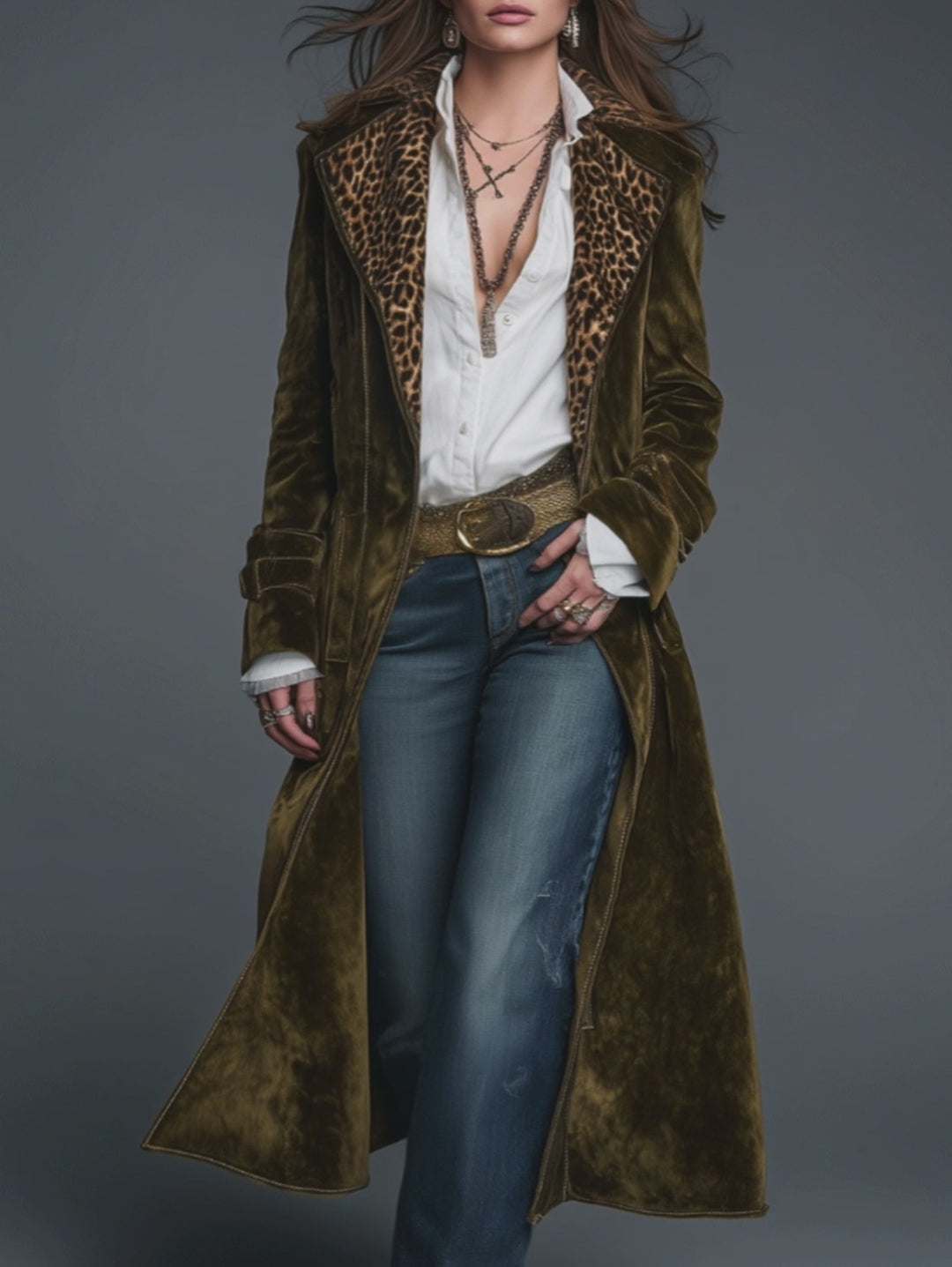 Boho Luxe Olive Velvet Leopard Lapel Long Coat