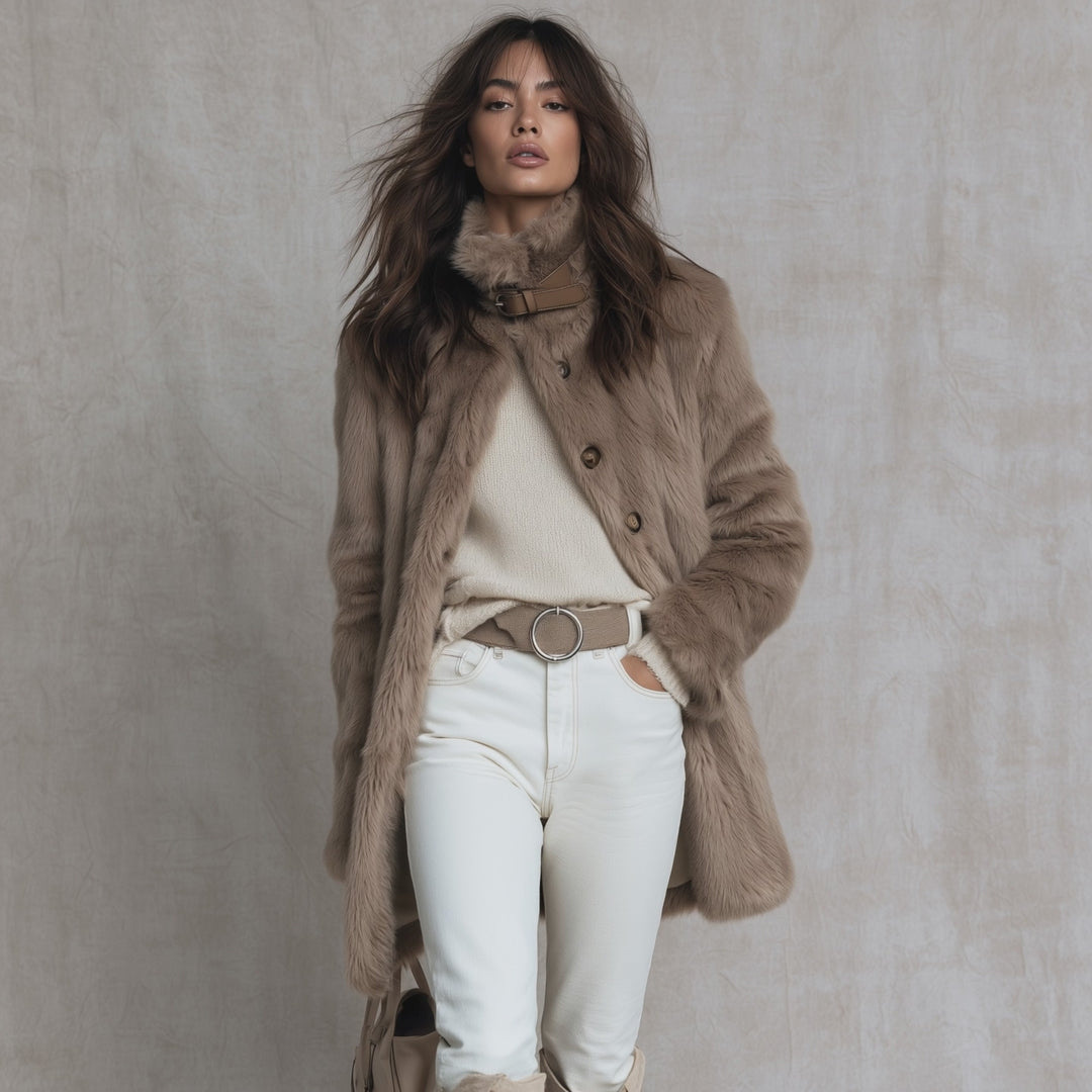 Women's Faux Fur Belted Collar Longline Coat